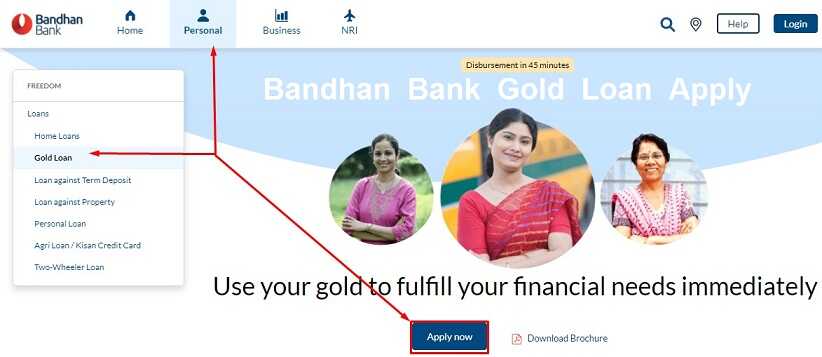 Bandhan bank Gold Loan Apply Online Page